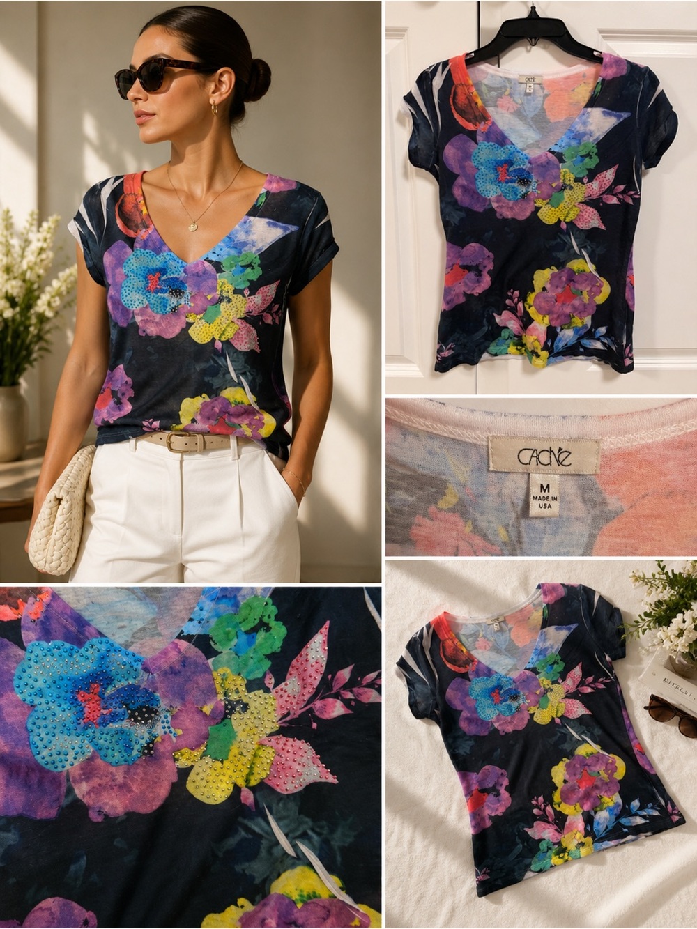 Cache Black V-Neck Tee with Multicolor Floral Print